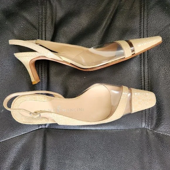 Rene Mancini Cream Leather Reptile Skin Heels Slingback Shoes 35.5 Vintage - Picture 1 of 9